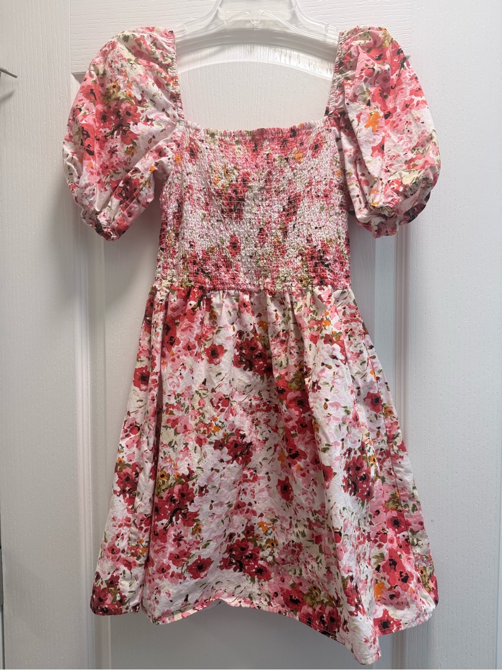 H&M Pink Floral Smocked Puff-Sleeve Mini Dress